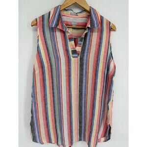 Chico’s Top Women’s Large Linen Stripes Colorful Coastal Grandma No Iron Long